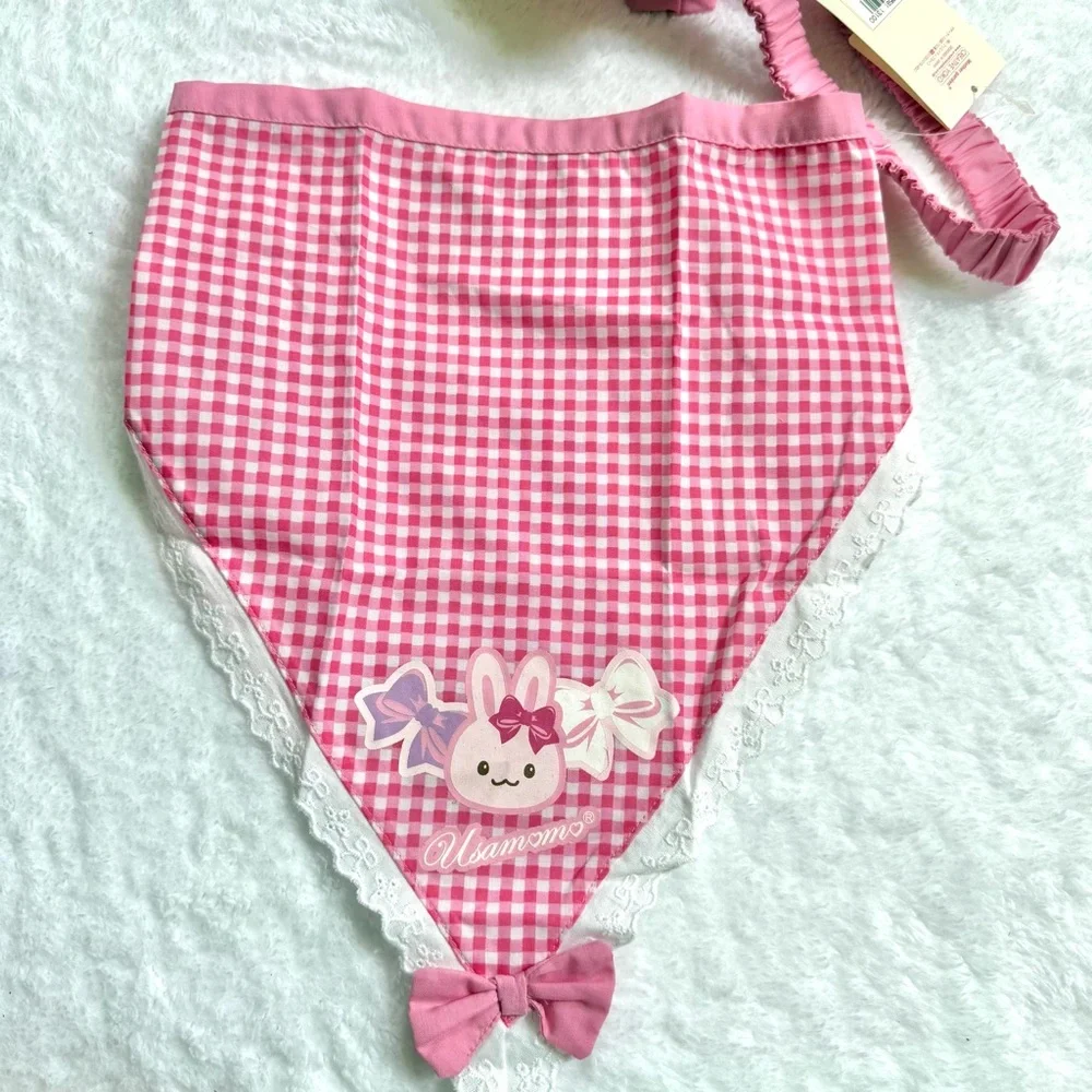 RARE New Mother Garden Usamomo Apron head scarf  130cm pink gingham lace bow